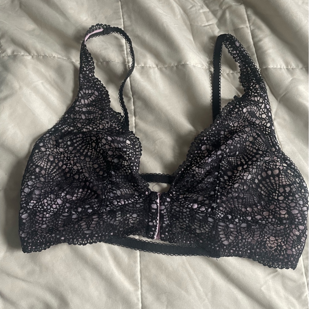Medium Victoria’s Secret, sheer bra, black and lavender colored